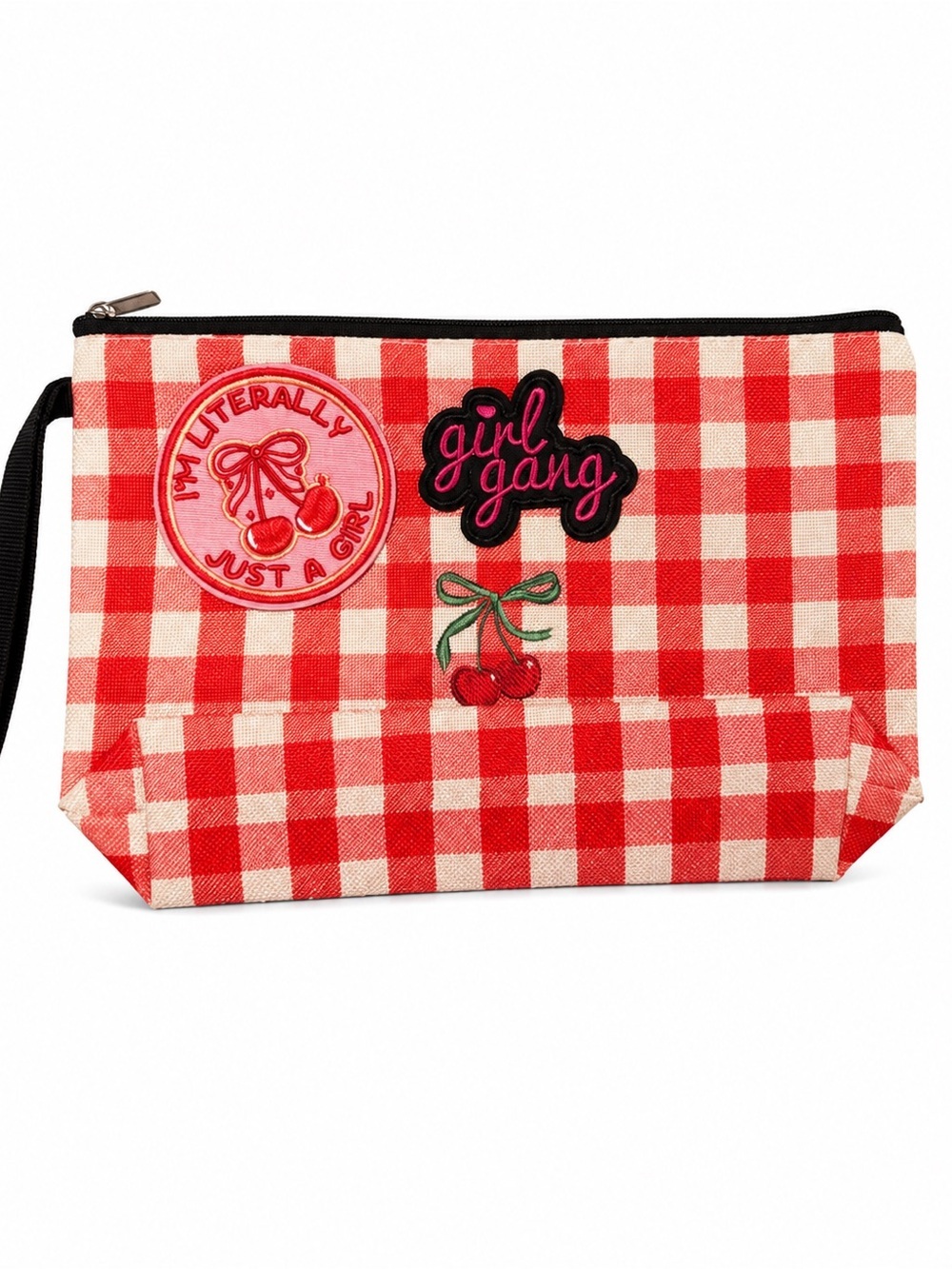 NEW Cherry Gingham Girl Gang Wristlet Cosmetic Makeup Bag Pouch